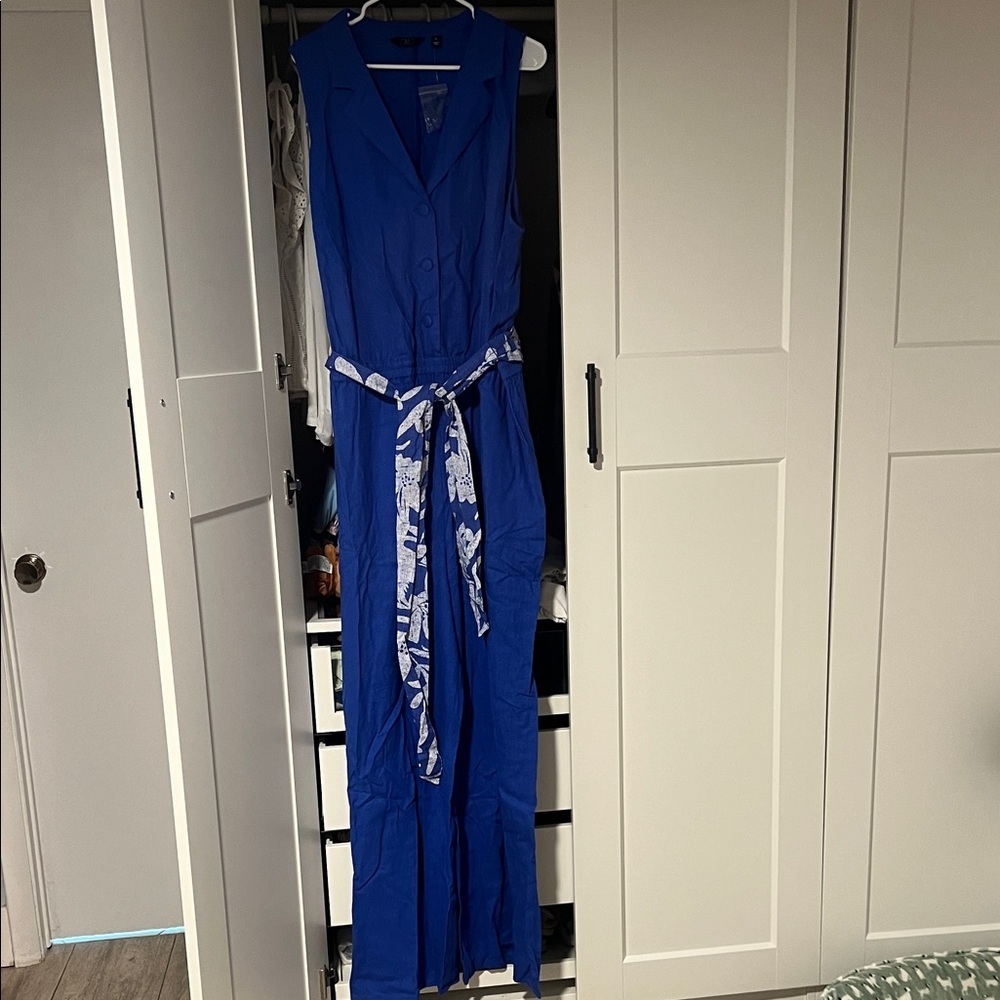 G by Giuliana Vibrant Blue Jumpsuit with Patterned Belt